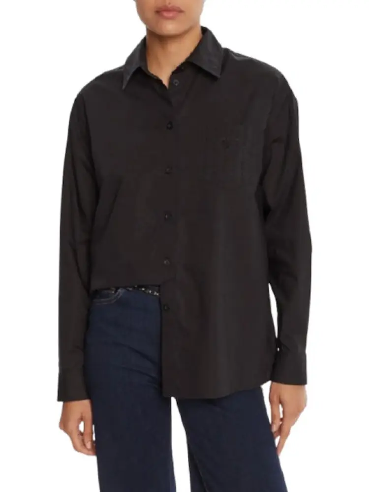 camicia nera donna in cotone con strass tono su tono logo sul davanti