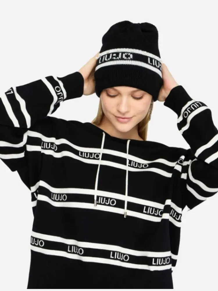 cappello nero donna in misto viscosa logo a contrasto con perle