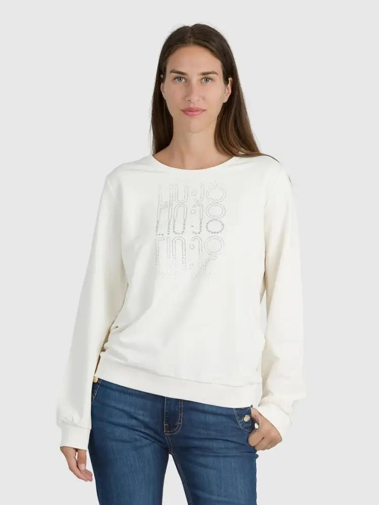 felpa bianca donna in cotone girocollo logo con strass sul davanti