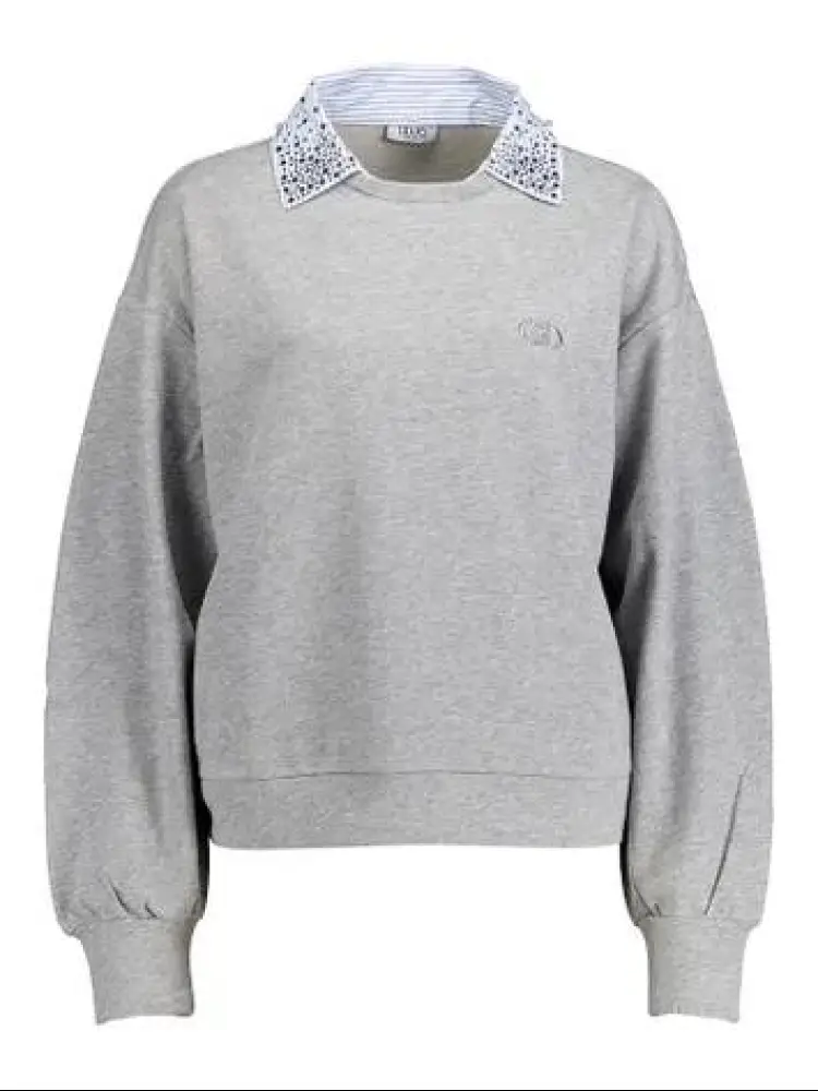 felpa grigia donna in cotone strass sul collo mini logo sul petto