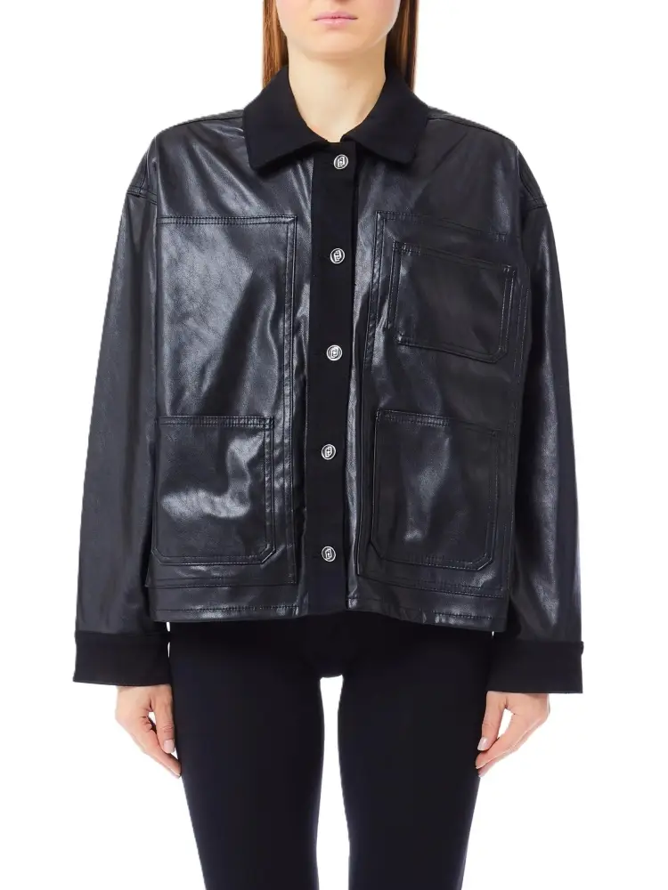 giubbotto nero donna in ecopelle bottoni con logo