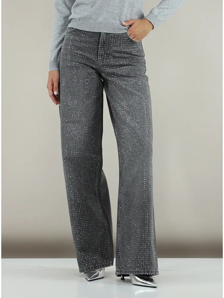pantalone in denim grigio donna strass all over logo sul retro