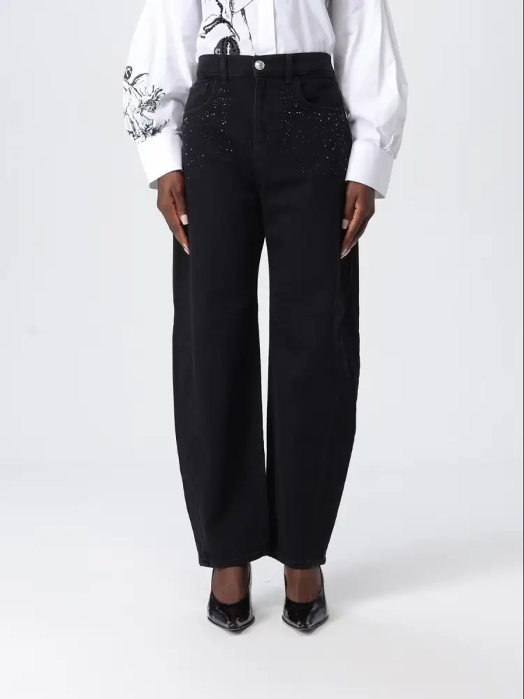 pantalone nero donna in denim con strass sul davanti