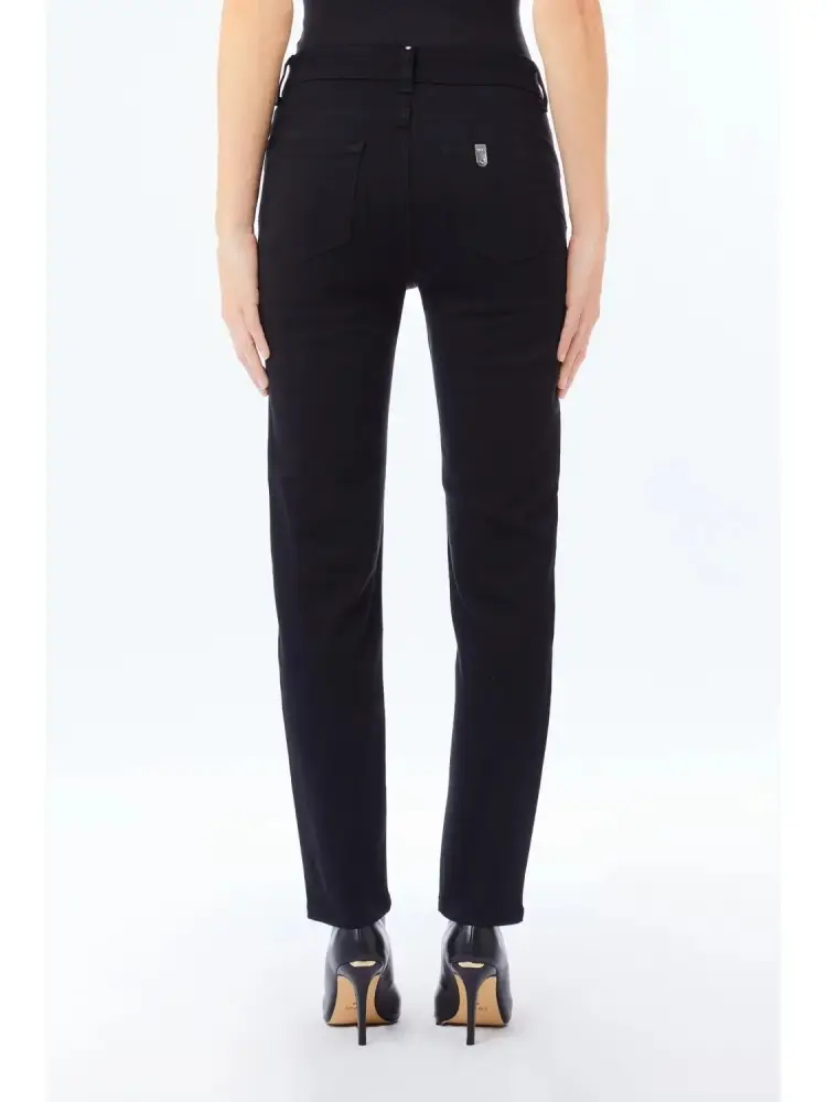 pantalone nero donna in denim e pelle patch logo sul retro miniatura 2