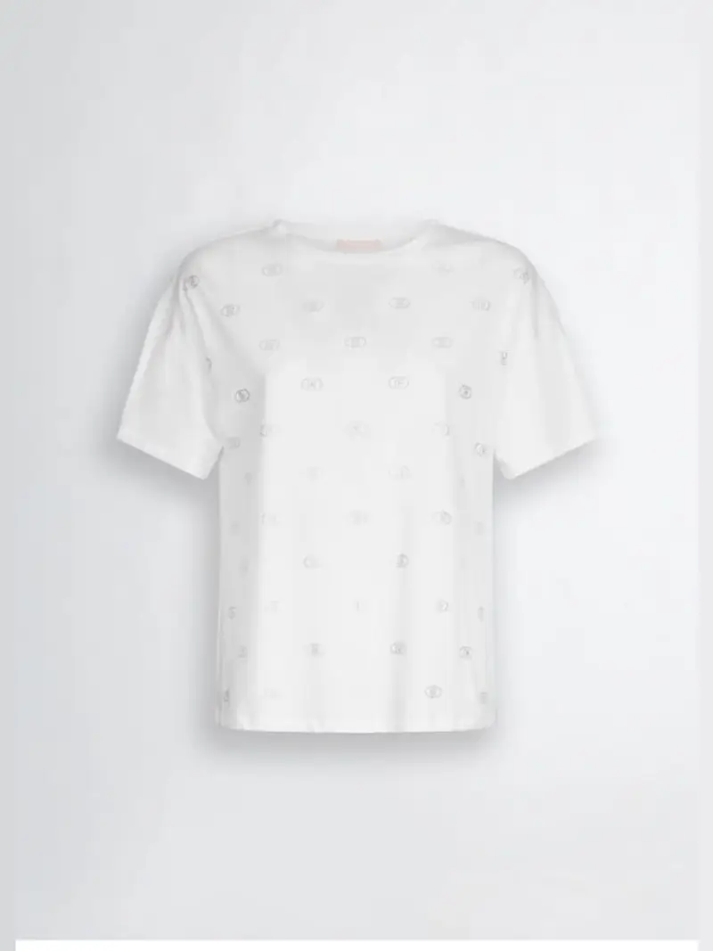 Liujo tshirt bianca donna in cotone logo all over con strass