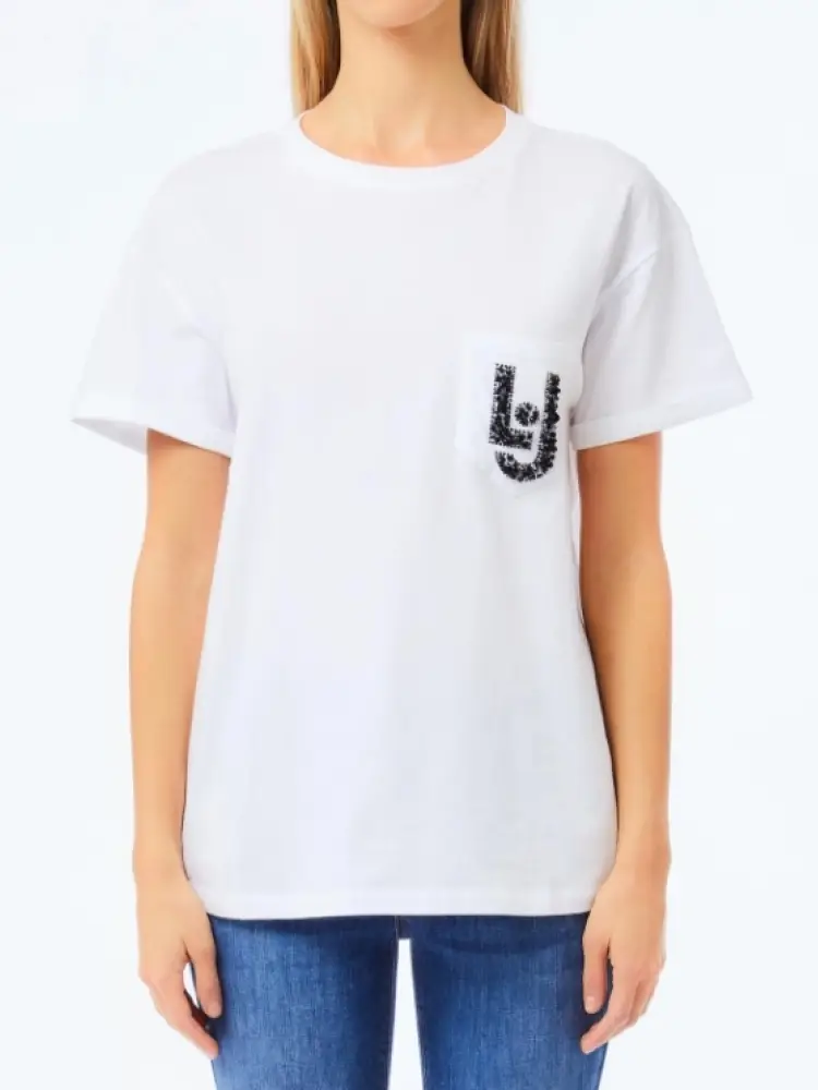 tshirt bianca donna in cotone logo con strass sul petto