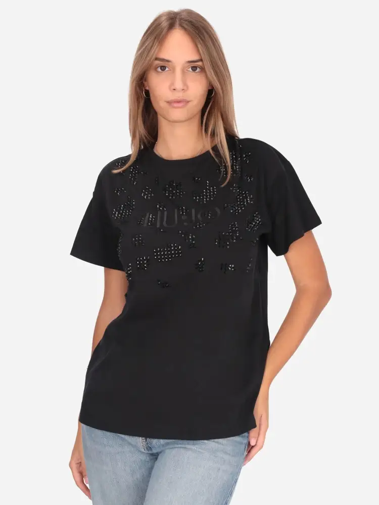 tshirt nera donna in cotone logo con strass sul davanti