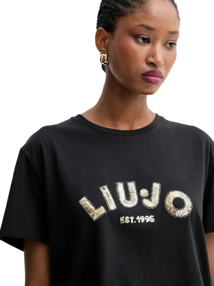 tshirt nera donna in cotone logo sul davanti oro con paillettes miniatura 2