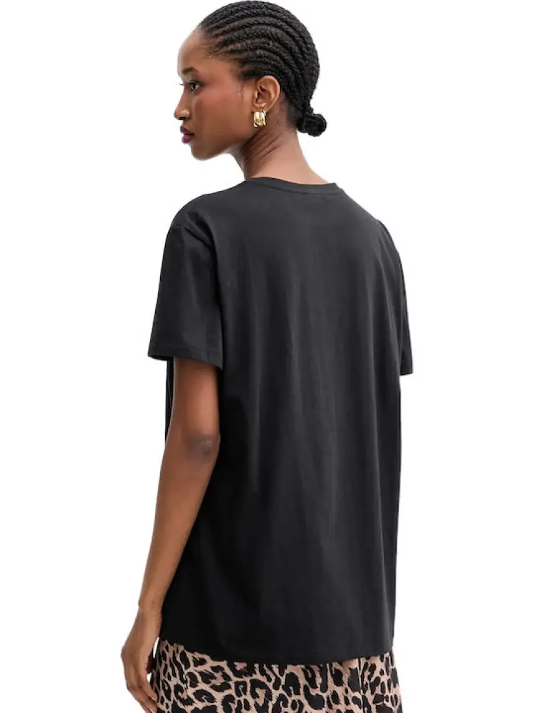 tshirt nera donna in cotone logo sul davanti oro con paillettes miniatura 3