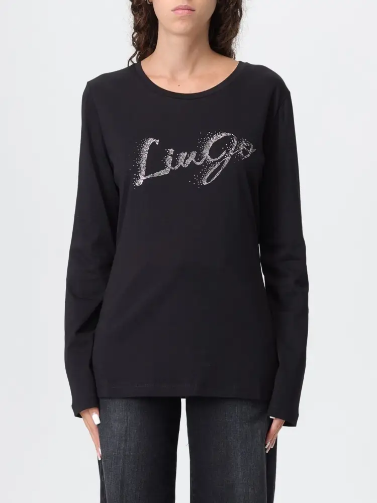 tshirt nera donna in cotone manica lunga logo con strass sul davanti