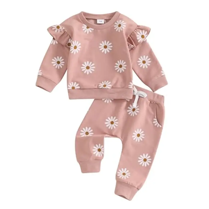 Loalirando 2 Pezzi Completo Elegante Bambina Tuta Bambina Stampa Margherita Maglietta con Maniche Lunghe Felpa Senza Cappuccio+Pantaloni Vita Alta (Rosa, 0-6 Months)