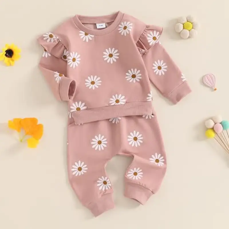 Loalirando 2 Pezzi Completo Elegante Bambina Tuta Bambina Stampa Margherita Maglietta con Maniche Lunghe Felpa Senza Cappuccio+Pantaloni Vita Alta (Rosa, 0-6 Months) miniatura 2