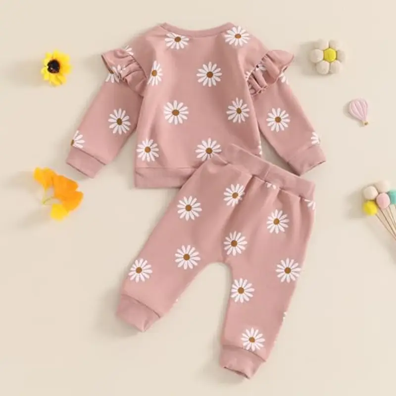 Loalirando 2 Pezzi Completo Elegante Bambina Tuta Bambina Stampa Margherita Maglietta con Maniche Lunghe Felpa Senza Cappuccio+Pantaloni Vita Alta (Rosa, 0-6 Months) miniatura 3