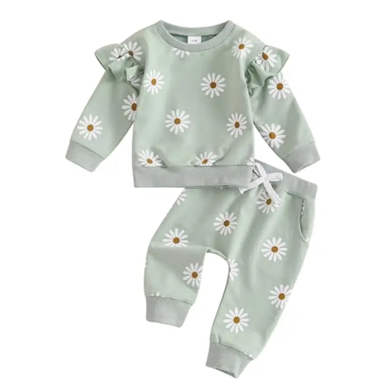 Loalirando 2 Pezzi Completo Elegante Bambina Tuta Bambina Stampa Margherita Maglietta con Maniche Lunghe Felpa Senza Cappuccio+Pantaloni Vita Alta (Verde, 2-3 Years)