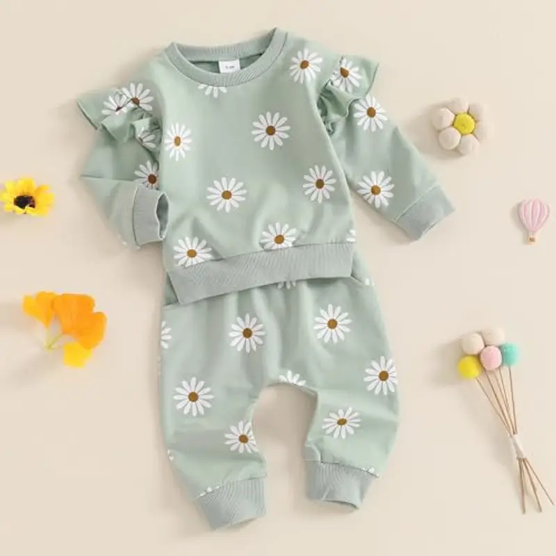 Loalirando 2 Pezzi Completo Elegante Bambina Tuta Bambina Stampa Margherita Maglietta con Maniche Lunghe Felpa Senza Cappuccio+Pantaloni Vita Alta (Verde, 2-3 Years) miniatura 2