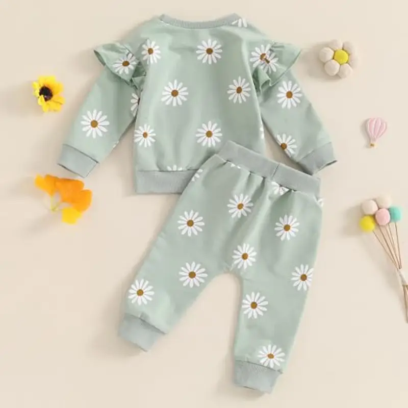 Loalirando 2 Pezzi Completo Elegante Bambina Tuta Bambina Stampa Margherita Maglietta con Maniche Lunghe Felpa Senza Cappuccio+Pantaloni Vita Alta (Verde, 2-3 Years) miniatura 3