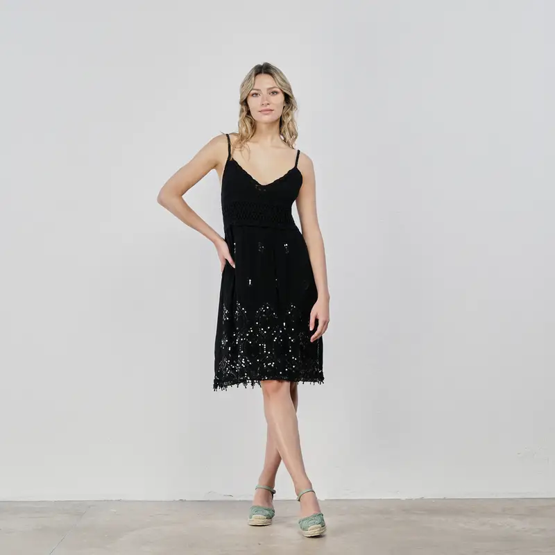 Abito corto nero senza maniche con paillettes