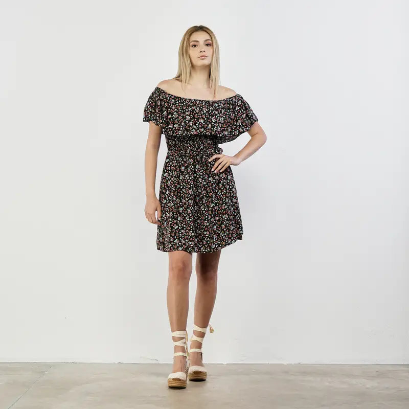Abito corto nero stampa floreale con spalle scoperte
