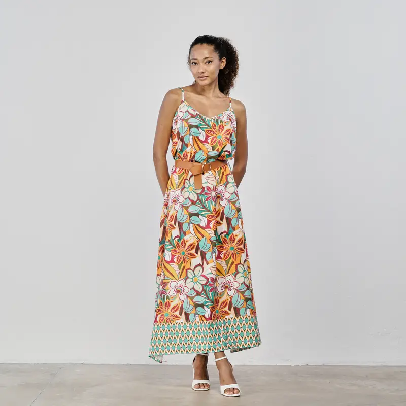 Abito lungo multicolor senza maniche stampa floreale con cintura