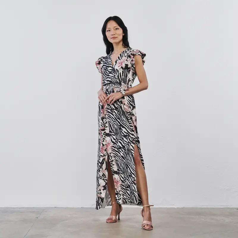 Abito lungo nero da donna stampa animalier con maniche volant e maxi spacchi