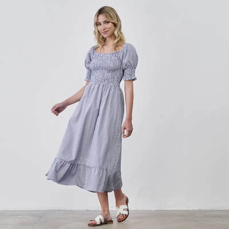 Abito midi azzurro e bianco a righe da donna con strass e maniche a sbuffo