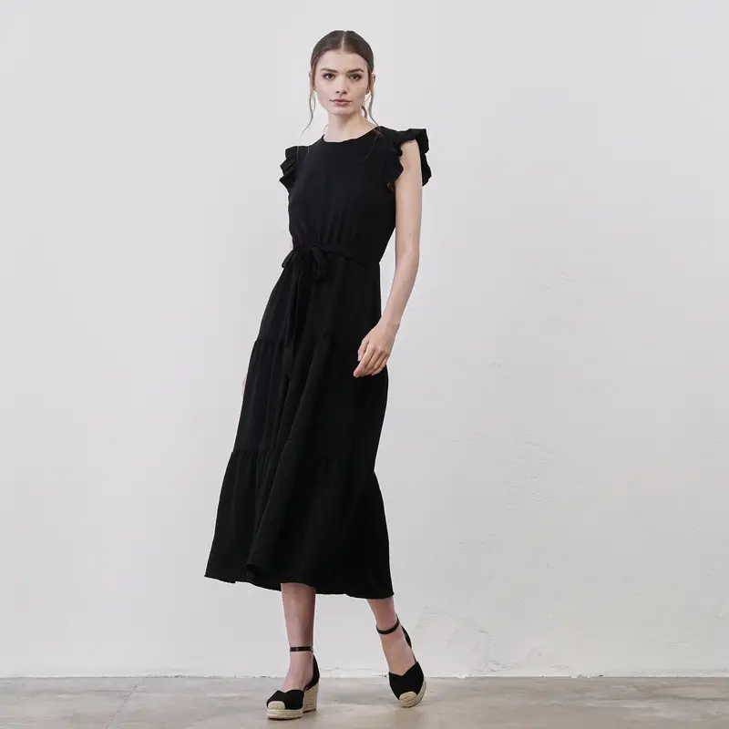 Abito midi nero da donna con fusciacca in vita