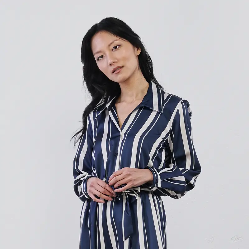 Camicia bianca e blu a righe da donna con bottoni