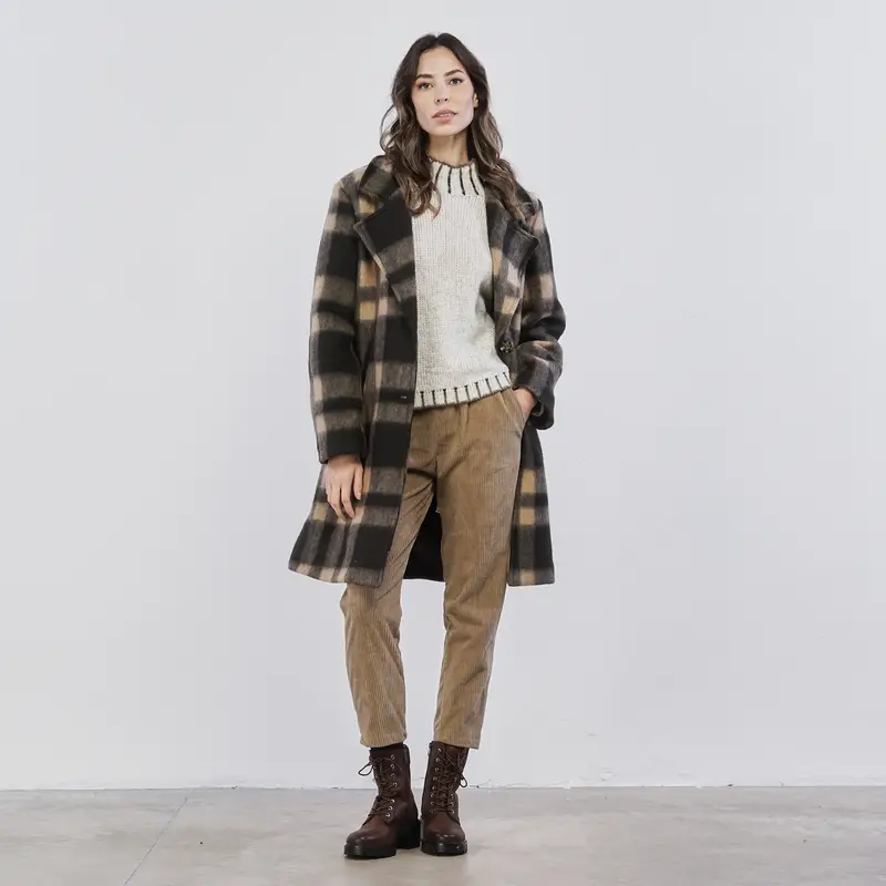 Cappotto marrone in panno da donna in fantasia check
