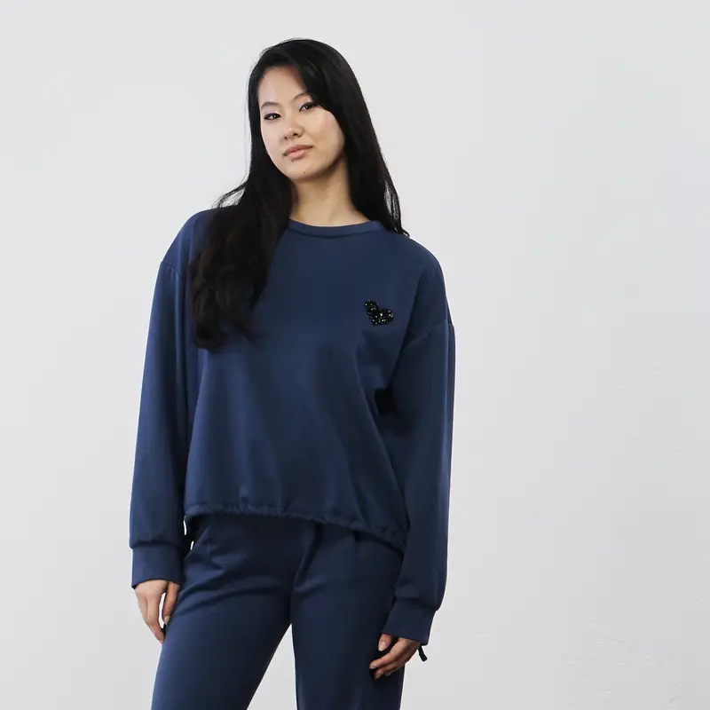 Felpa blu da donna con coulisse e cuore con strass