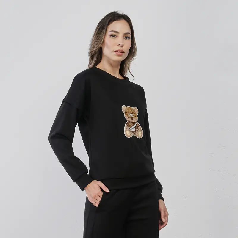 Felpa nera da donna con orsetto
