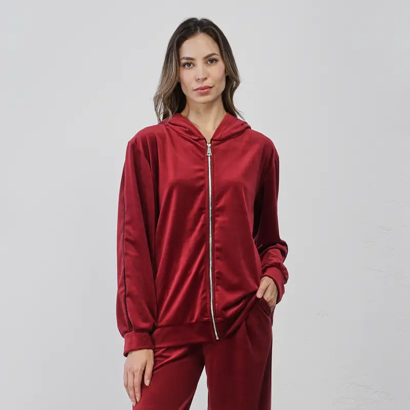 Felpa rossa da donna in velluto con zip e cappuccio