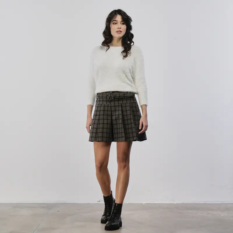 Gonna corta marrone plissè in fantasia a check con cintura