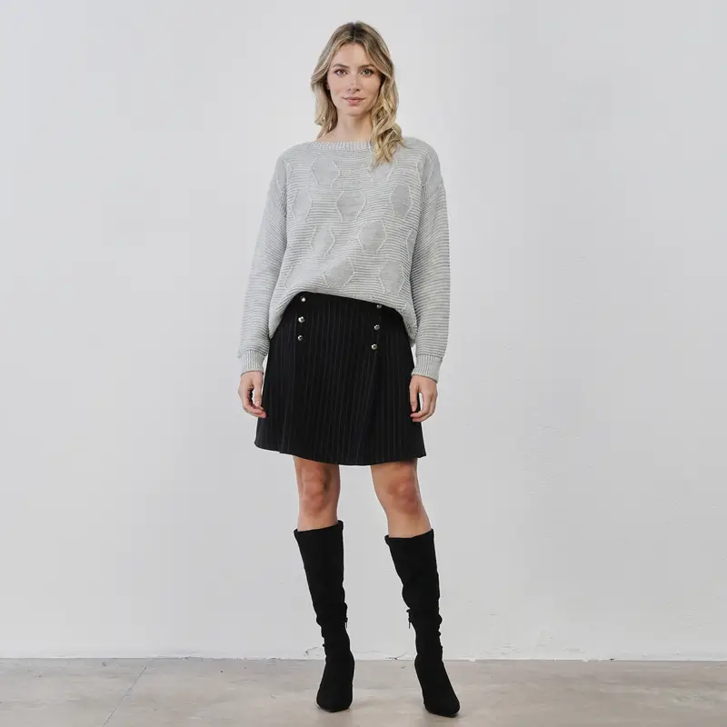 Gonna corta nera da donna in tessuto gessato con bottoni