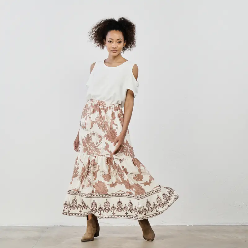 Gonna lunga bianca con stampa floreale beige