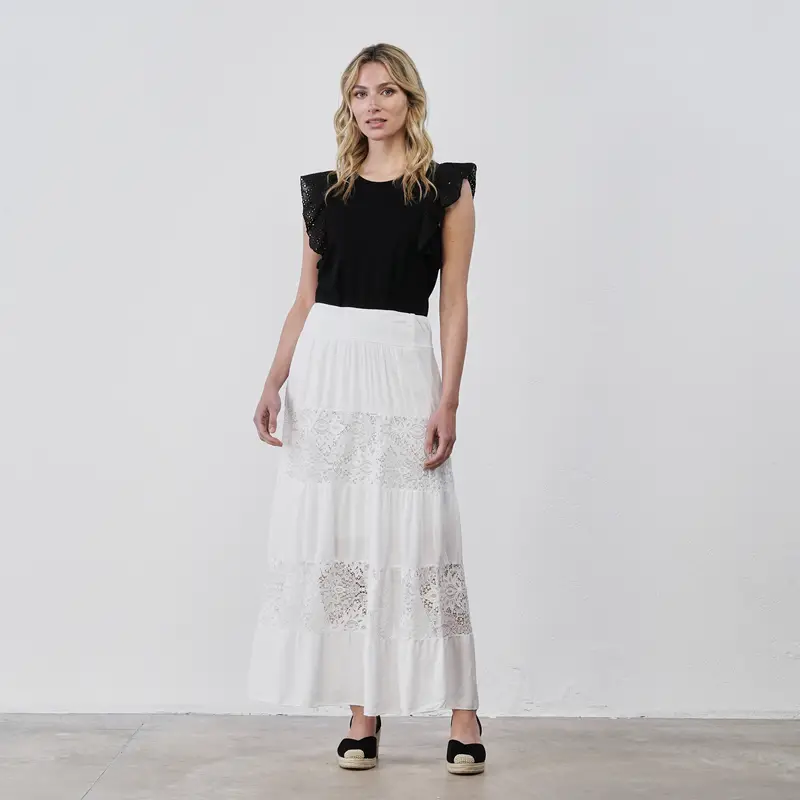 Gonna lunga bianca da donna con inserti in pizzo