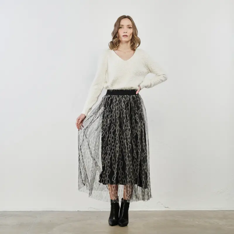 Gonna midi nera con tulle a fantasia