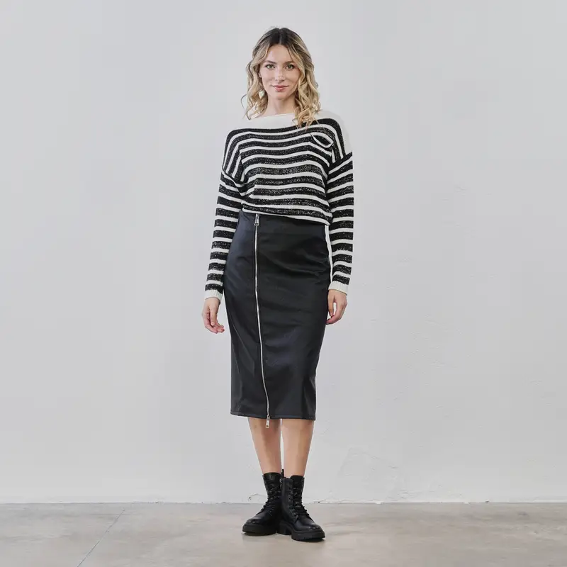 Gonna midi nera da donna in ecopelle con zip