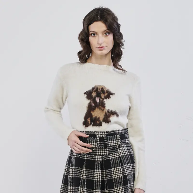 Maglioncino bianco da donna con ricamo cane