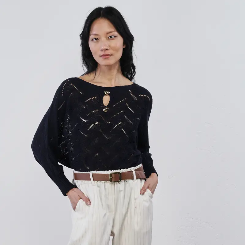 Maglioncino leggero blu da donna traforato e con dettaglio cuori