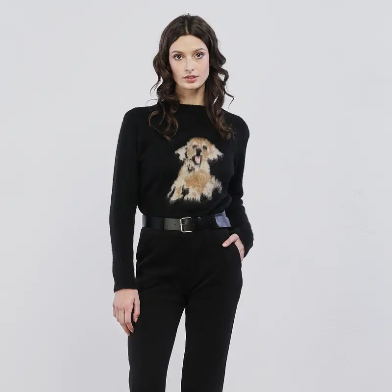 Maglioncino nero da donna con ricamo cane