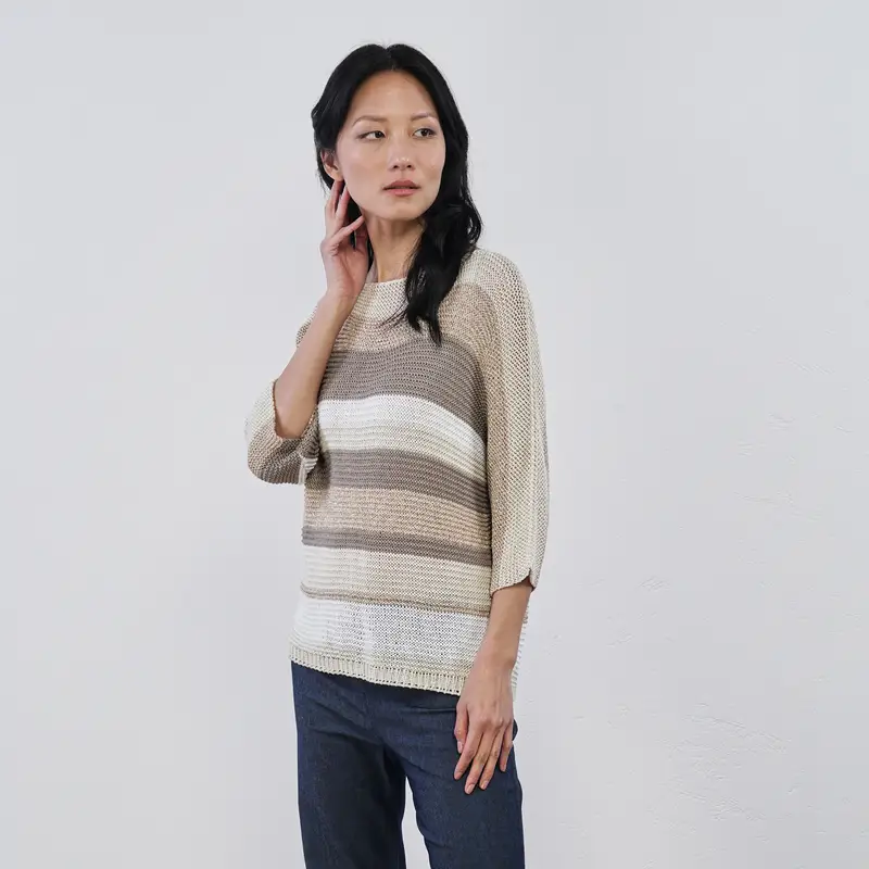 Maglione leggero beige da donna a maxi righe
