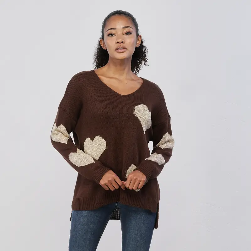 Maglione marrone da donna con cuori in lurex