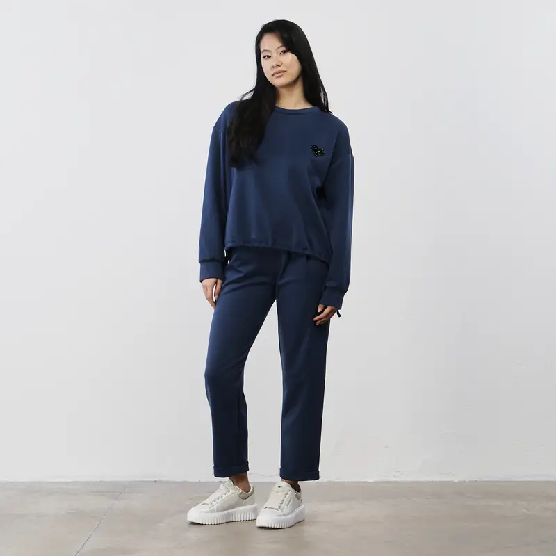 Pantaloni blu da donna in tuta con coulisse