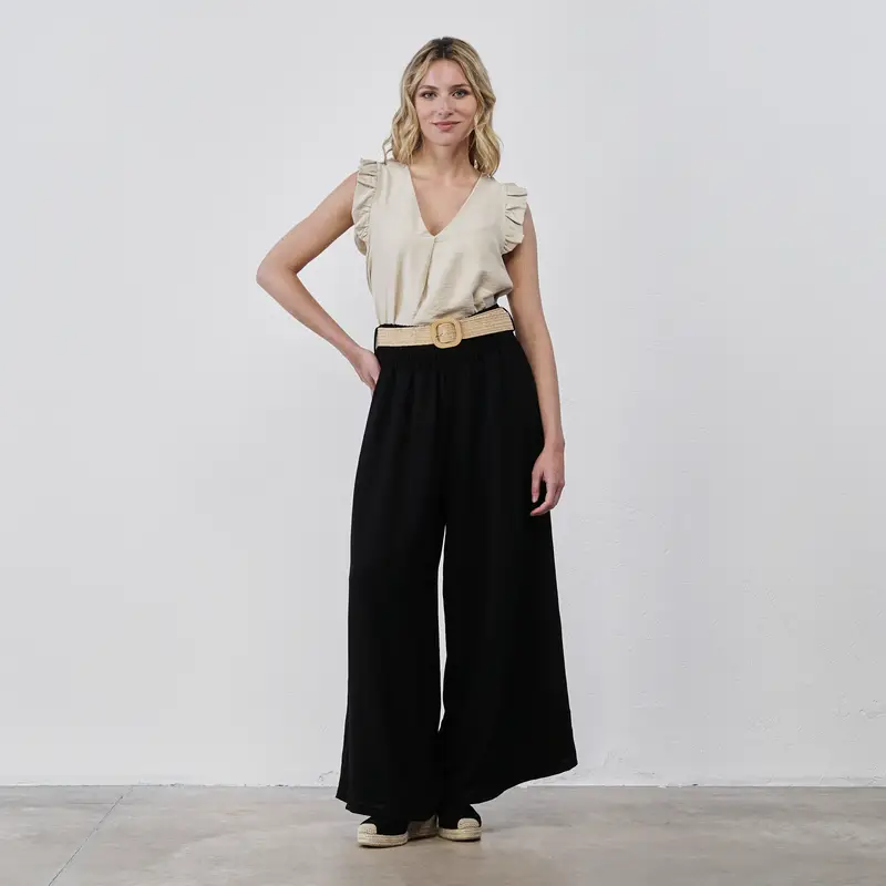 Pantaloni lunghi neri ampi da donna con cintura