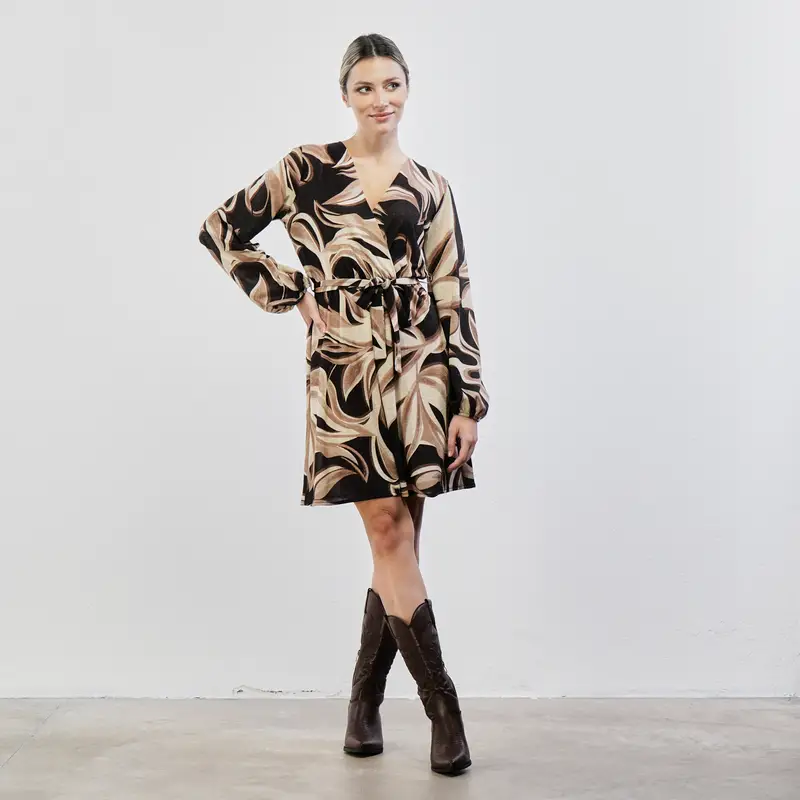 Vestito beige fantasia geometrica con fusciacca