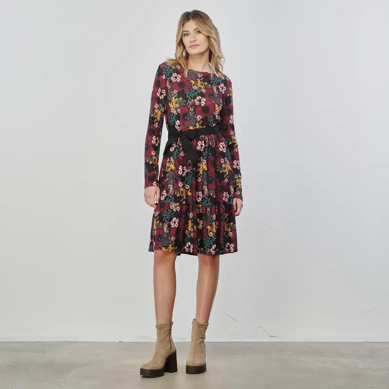 Vestito nero bordeaux con fantasia floreale e fiocco