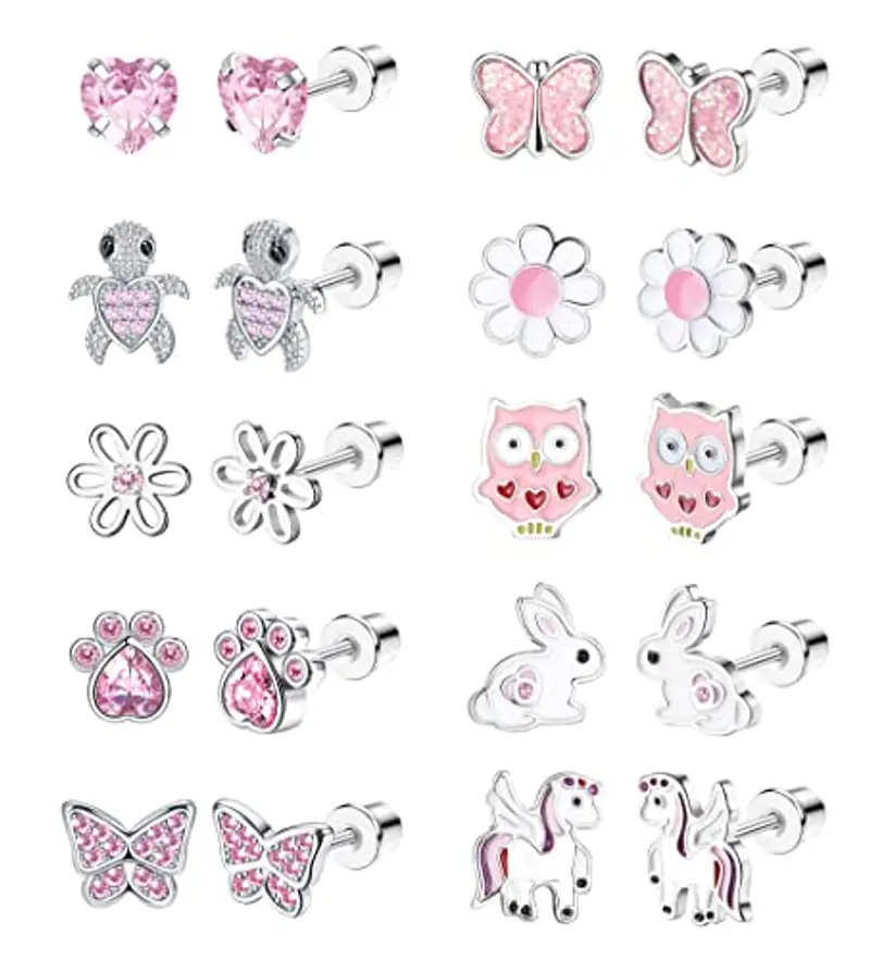 LOLIAS 10 Pairs Carino Vite Indietro Orecchini Donne Ragazze In Acciaio Inox Multicolore Cuore Fiore Farfalla Arcobaleno CZ Orecchini Anallergico Screwback Orecchino Della Vite Prigioniera