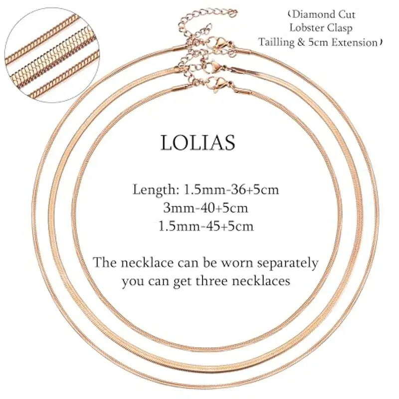 LOLIAS 3 Pezzi Collana Catena Serpente Oro Collana Spina Pesce Donna Girocollo Acciaio Inossidabile Catena Piatta Gioielli Catena Serpente Oro/Argento Regolabile 1/3MM 35/40/45 CM per Donne Ragazza miniatura 2