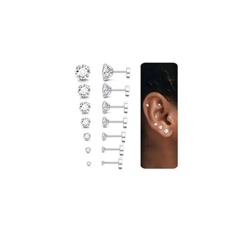 LOLIAS 7 Paia 20G Ipoallergenico Orecchini per Le Donne Gli Uomini Flatback Orecchini In Acciaio Inox Cubic Zirconia Orecchini Piercing Dell'orecchio Orecchini di Cartilagine