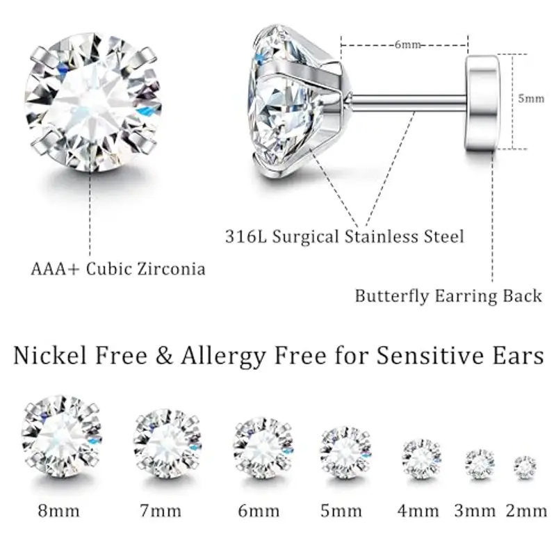 LOLIAS 7 Paia 20G Ipoallergenico Orecchini per Le Donne Gli Uomini Flatback Orecchini In Acciaio Inox Cubic Zirconia Orecchini Piercing Dell'orecchio Orecchini di Cartilagine miniatura 2